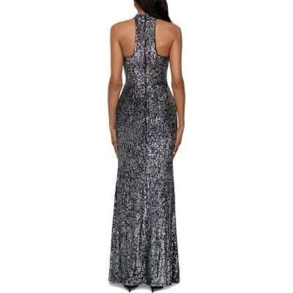 Betsy Adam Women's 4 Sequin Halter Evening Gown Black Metallic Glitz Glam Party - Picture 2 of 12